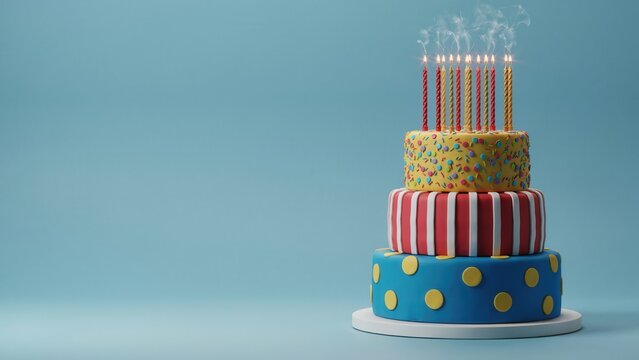 Birthday cake with lit candles standing on a plain light blue background featuring colorful patterns stripes and yellow polka dots