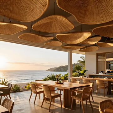 Scenic nature photography featuring woven-kelp ceiling baffles in a modern restaurant.