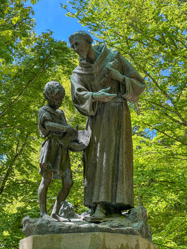 A statue of St. Francis among the trees, near the Franciscan monastery in La Verna, Italy, at the site where St. Francis received the stigmata