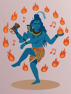 Majestic vector illustration of lord shiva as nataraja, performing the cosmic dance of creation and destruction surrounded by sacred flames and musical notes, perfect for spiritual art designs