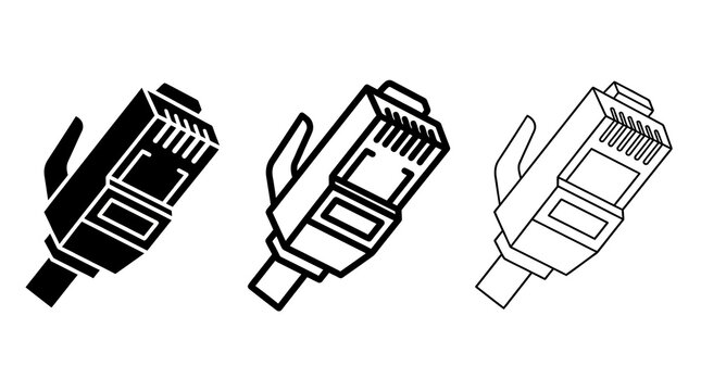 Ethernet cable plug in silhouette and outline styles for technology