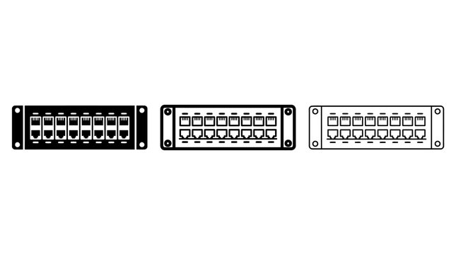 Network patch panel icons black and white linear set for technology