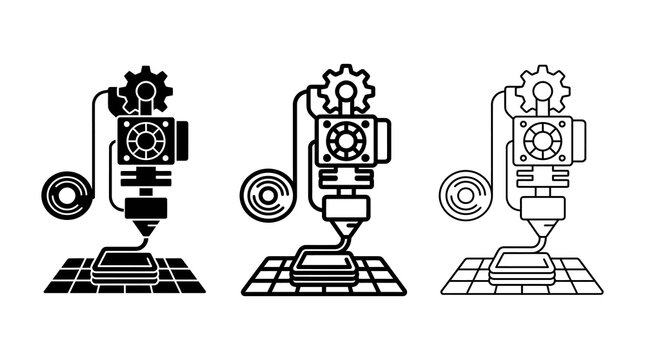 3d printer silhouettes with gears and nozzles in simple lineart style