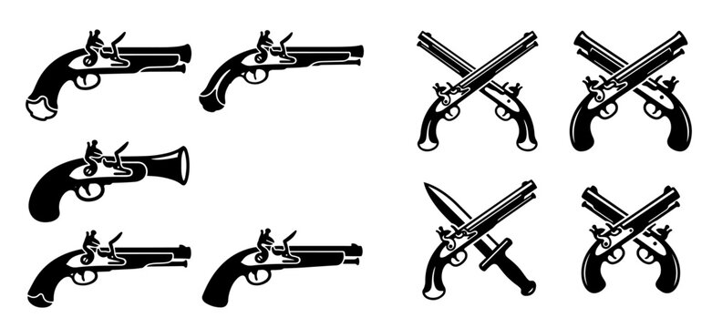 Minimalist Colonial Flintlock Pistol Silhouette Vector Set - 1776 Revolutionary War Weapon SVG Bundle