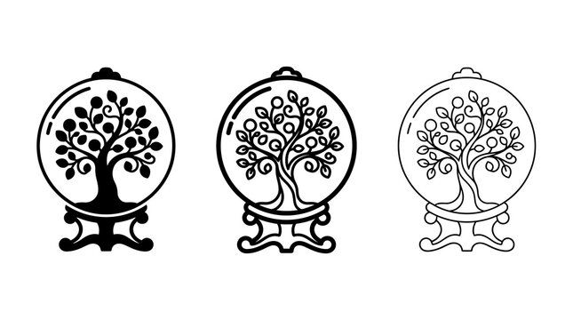 Set of tree snow globes with nature and botanical designs in