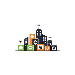 Obraz premium City buildings with technology icons.