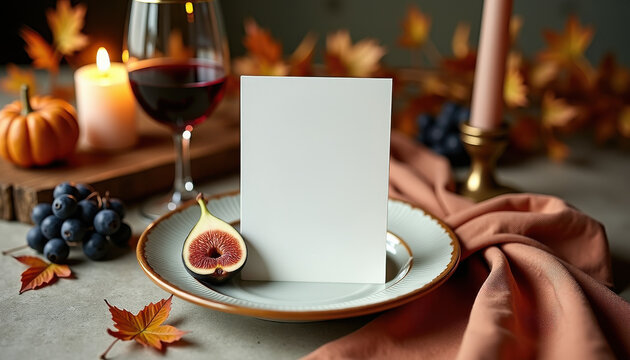 Autumn table setting with blank greeting card and fall decorations