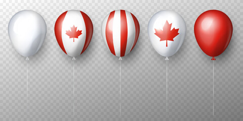 Naklejka premium Set of 5 realistic 3D Canadian patriotic balloons with thin strings isolated on a transparent background. Ideal for Canada Day, national holidays, ice hockey sporting events, and autumn celebrations.