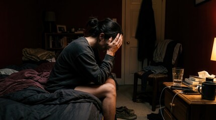 Obraz premium Woman Sitting On Bed Covering Face In Despair
