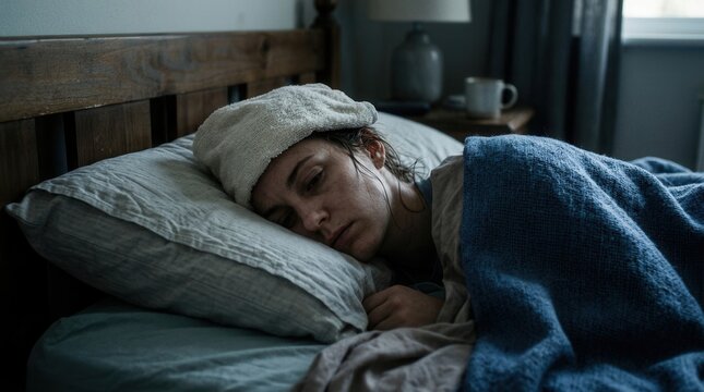 Woman Sleeping With Cold Compress On Forehead During Illness Recovery