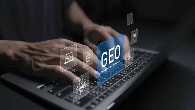 GEO generative engine optimization concept. Person using laptop with AI search and digital marketing icons, content optimization, search visibility and AI driven discovery.