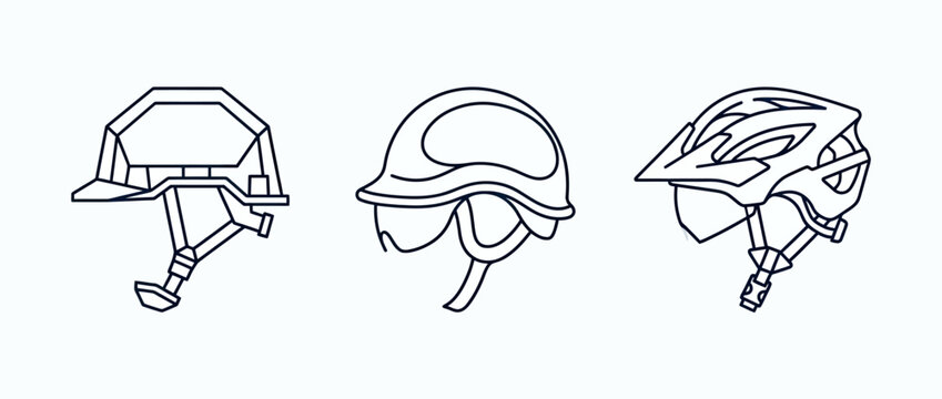 Line art illustrations of three different sports helmets for safety equipment