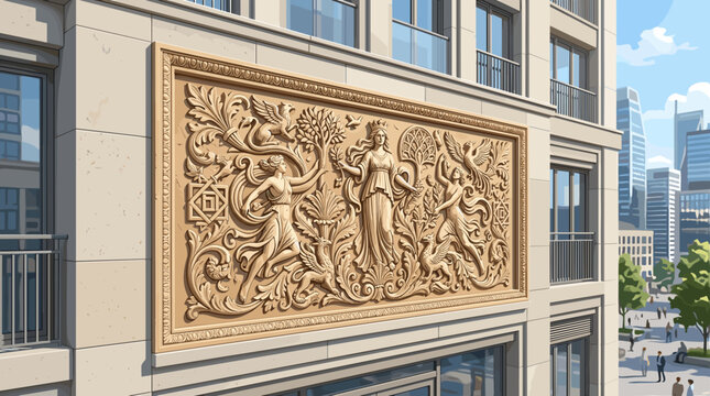 Ornate Bas Relief Sculpture Adorns Modern Building Facade with Cityscape Background