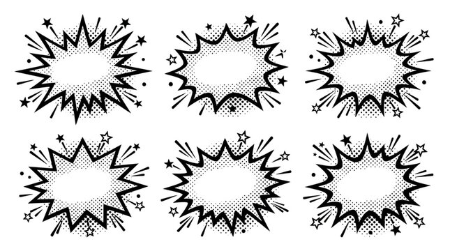 Vintage comic style explosion bubbles with halftone and stars