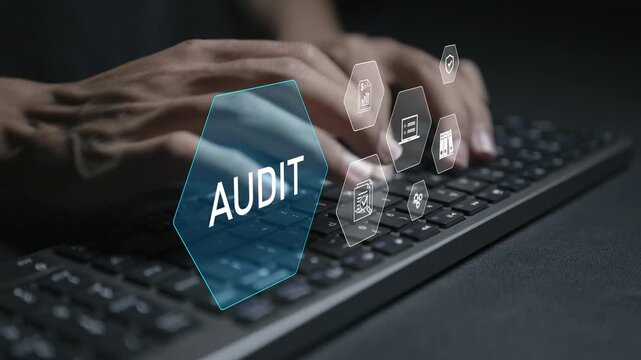 Business audit and compliance concept. Person typing keyboard with checklist and analytics icons, internal control, regulatory review and performance evaluation.