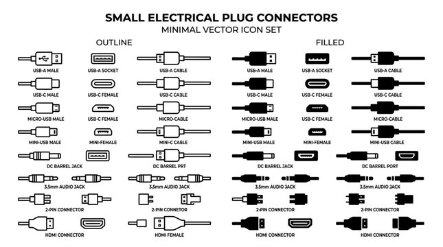 Minimal electrical plug icons outline and filled usb hdmi and audio