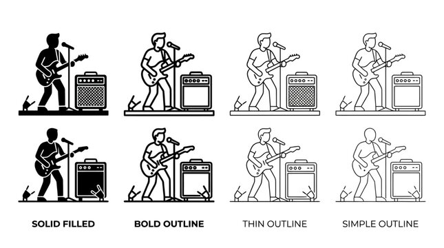 Rock musician with electric guitar and amp in diverse outline styles
