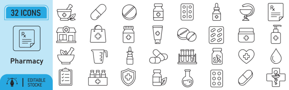 32 Pharmacy Outline Icons Vector Set for Healthcare, Medicine and Medical Services