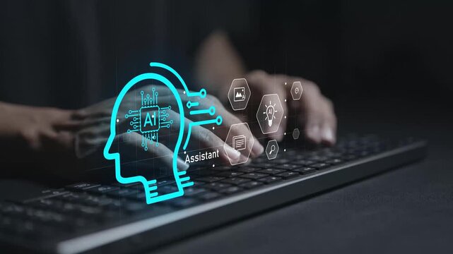 AI assistant concept. Person typing keyboard with artificial intelligence and virtual assistant icons, smart automation, productivity enhancement and digital support.