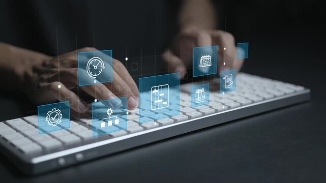 Project planning concept. Person typing keyboard with task management and scheduling icons, workflow organization, strategic planning and team collaboration.