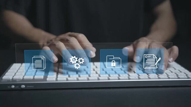Automated process to manage document files concept. Person typing keyboard with document workflow and automation icons, digital file organization, data management and business efficiency.