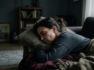 Obraz premium Woman Resting Peacefully On A Comfortable Couch Indoors