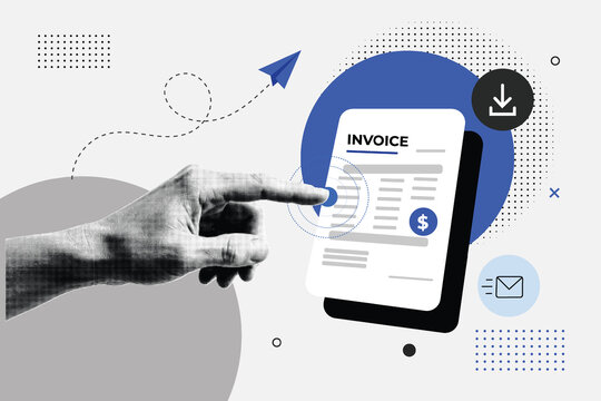 Halftone Pop Art Collage with Digital Invoice on Smartphone and Hand Interaction. Online Billing, Electronic Payment and Financial Management Concept. Mobile Accounting and Business Transaction Techno