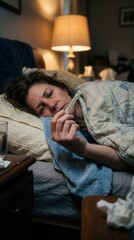 Fototapeta premium Woman Sick In Bed Holding Thermometer Feeling Ill And Unwell