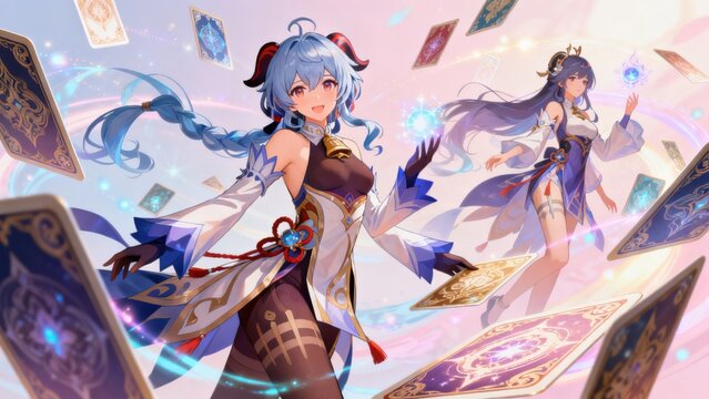 Two animated female characters with cards