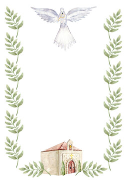 A4 dove and church template with laurel leaf border and watercolor church illustration for baptism certificate invitation and program design. For first communion, wedding, save the date. Hand drawn
