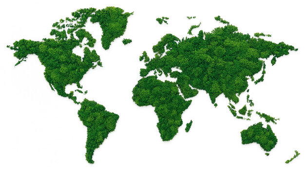 A vibrant green earth world map composed of dense foliage and trees on a clean white background representing environmental conservation and ecological awareness