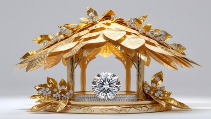 Fototapeta premium Luxury Diamond Display in Golden Leaf Hut with Elegant Jewelry Presentation on White Background