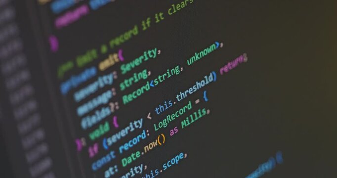 Close up video of scrolling abstract TypeScript code . Modern Artificial Intelligence (AI) development concept