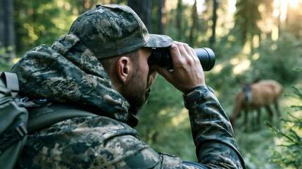 Fototapeta premium Hunter wearing camouflage clothing and a cap, scouting for wildlife with binoculars in a green forest with a deer in the blurry background