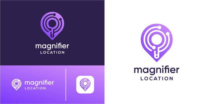 Tech magnifier with pin map location logo design template. Digital data circuit nodes element. Geometric abstract vector icon purple gradient.