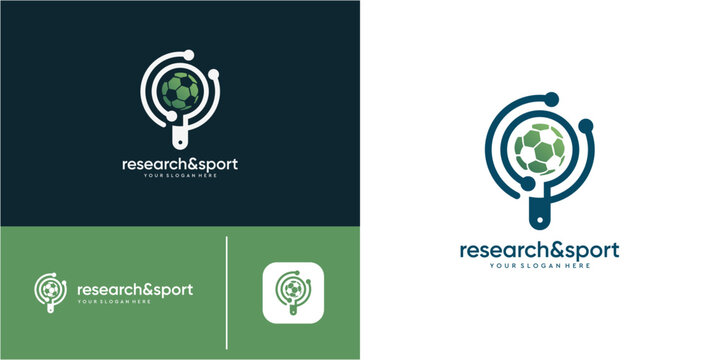 Magnifying Glass and Football Logo Design Template. Research and sport for analytics technology digital concept. Geometric abstract vector icon green gradient.