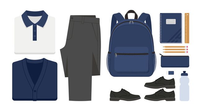 School Uniform Outfit Flat Lay with Backpack Shoes Notebook and Stationery Supplies