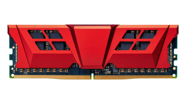 Isolated red computer RAM memory module with heat spreader, high-performance hardware component