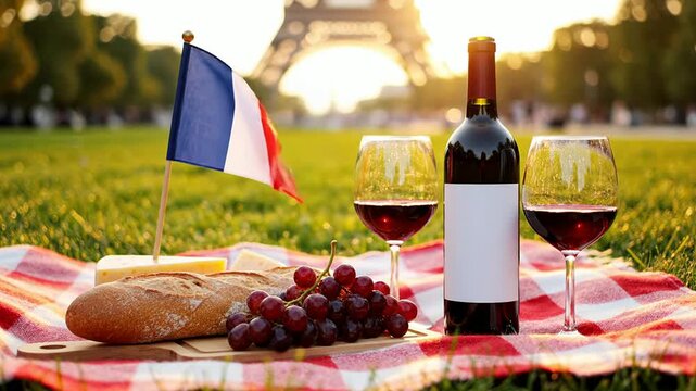 A Picturesque French Picnic on the Grass at Champ de Mars with Wine, Cheese, and Grapes, Against the Eiffel Tower Backdrop