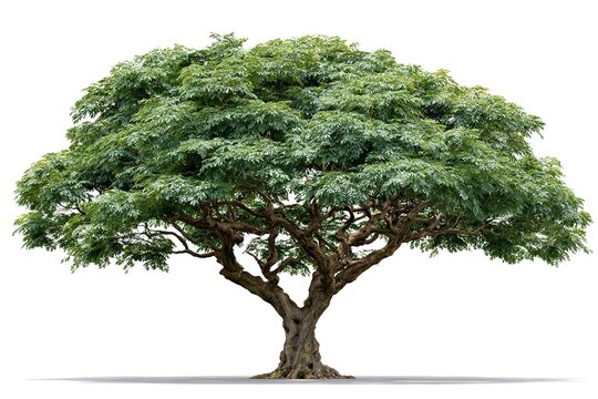 Large green shade tree with wide canopy and thick trunk isolated on white background majestic old oak nature photography.