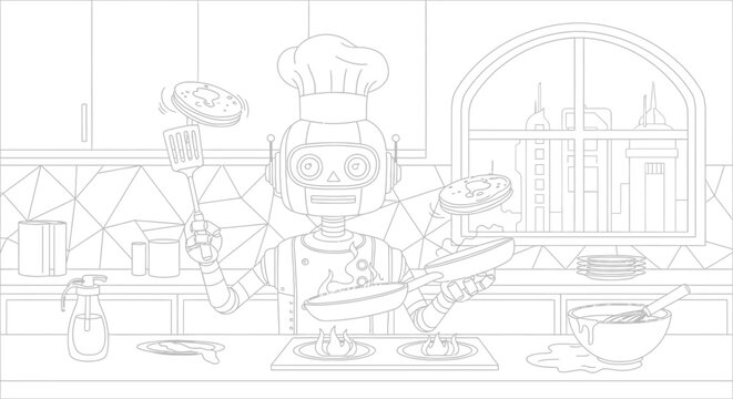Cute cartoon robot chef juggling pancakes in a modern kitchen, digital illustration, outline style
