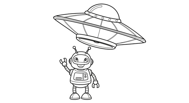 Cute cartoon robot waving hello under a flying saucer, black and white line art illustration