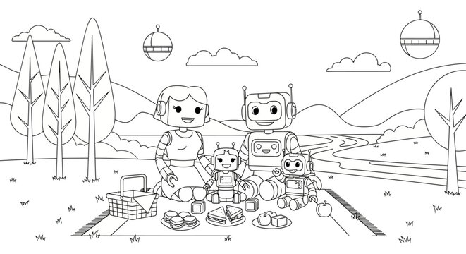 Cute robot family enjoying a delightful outdoor picnic in a futuristic landscape, perfect for a children's coloring book page with simple lines.