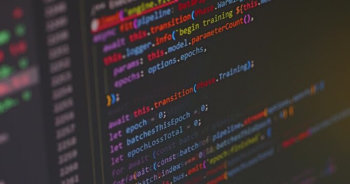 Close up video of scrolling abstract TypeScript code  with changing IDE color theme. Modern Artificial Intelligence (AI) development concept