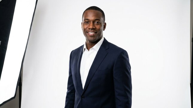 Confident Black male professional portrait clean white background sharp suit direct eye contact commercial use