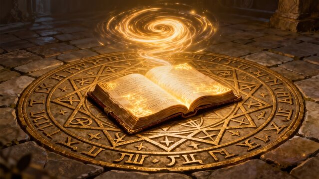 Open book with glowing spiral on stone floor