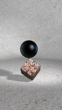 Black sphere balancing on stone cube animation