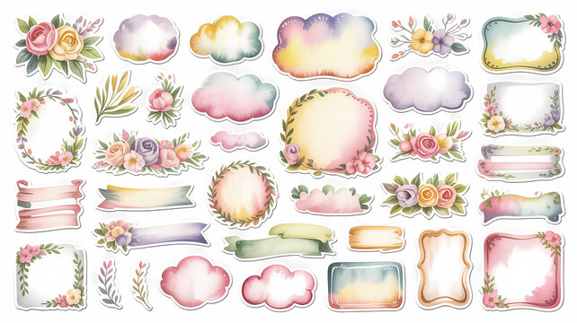 Watercolor style sticker sheet of different tags and labels for decorating cards, scrapbook, journal design, cute illustration collection 