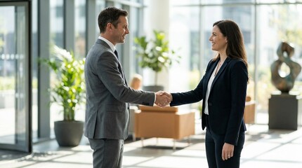 Fototapeta premium Business pitch handshake after presentation two professionals sealing partnership both smiling