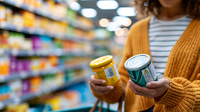 Faceless woman comparing two grocery products while reading allergen warnings on packaging, food allergy label comparison, supermarket shopping safety, with copy space